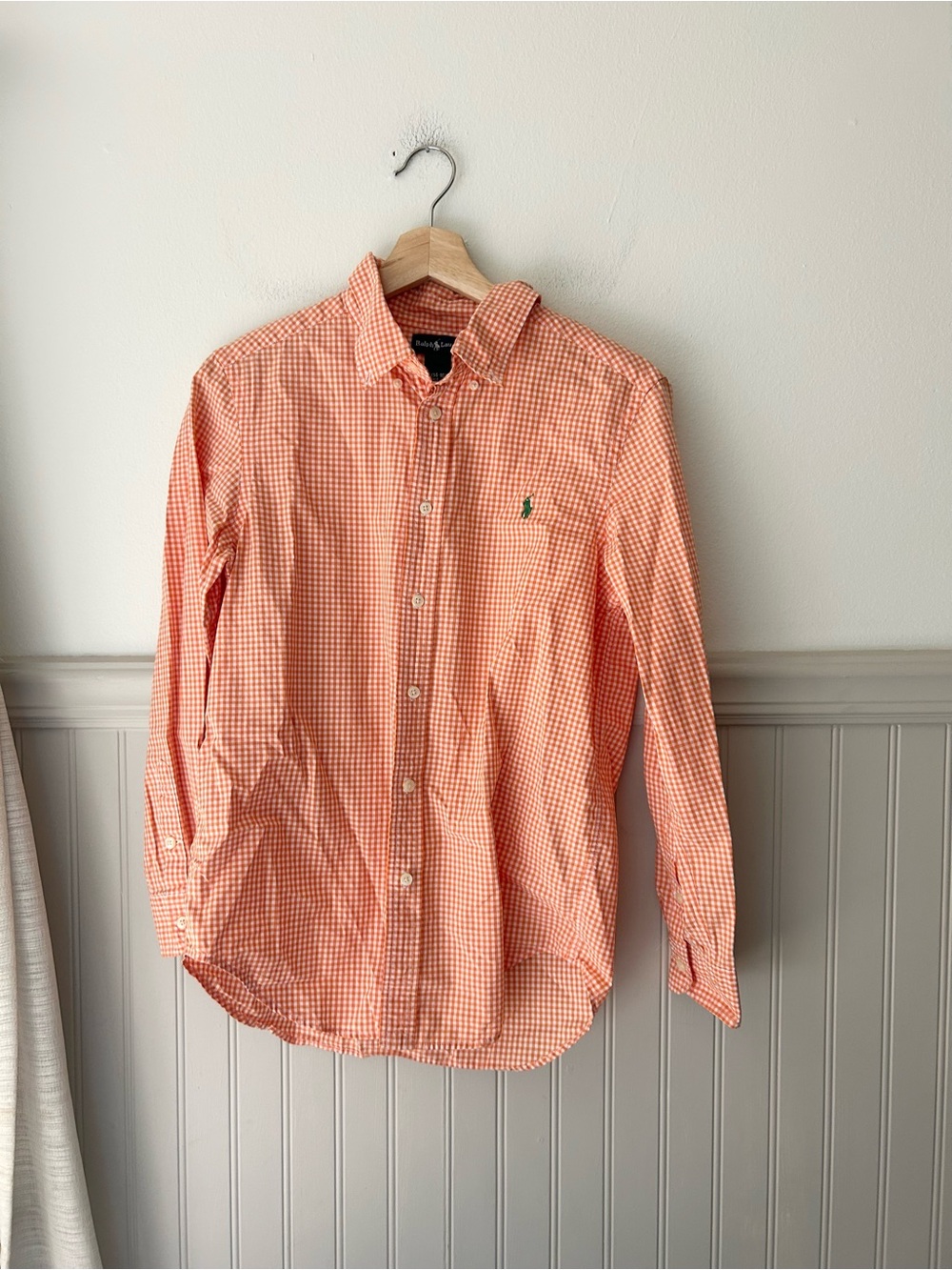 Ralph Lauren Boys Orange White Gingham Shirt 14-16 Long Sleeve